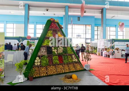 Légumes frais exposés sur une forme pyramidale dans un marché de la ville d'Alger, Algérie. Banque D'Images