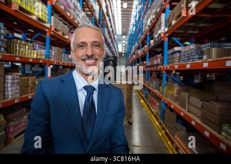 Homme senior debout dans l'allée de l'entrepôt portant costume et cravate parmi les étagères, les boîtes, l'espace de copie Banque D'Images