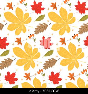 Motif sans couture avec des feuilles de châtaignier jaune, des feuilles d'érable rouge, des feuilles de chêne brun, du feuillage vert et des baies sur fond blanc. Parfait pour l'automne Illustration de Vecteur