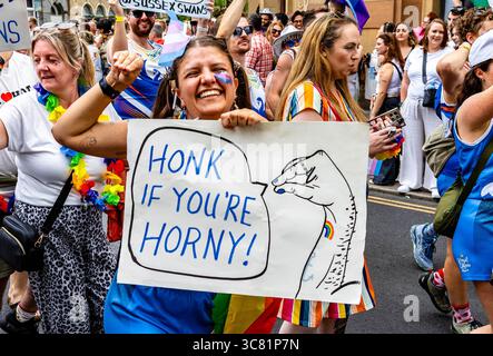 Brighton, East Sussex, Royaume-Uni. 2 août 2025. Brighton Pride 2025 a vu des dizaines de milliers de personnes se rassembler dans la ville balnéaire de Brighton, dans l'est du Sussex, pour le défilé annuel de la fierté LGBTQ+ et le festival. L'événement, qui s'est tenu le samedi 2 août 2025, a présenté des costumes vibrants, des chars communautaires, musique live et messages politiques en faveur des droits LGBTQ+ et de l’égalité. Le parcours du défilé traversait le centre-ville et se termina par des célébrations au parc Preston. La Brighton Pride est l’un des plus grands événements de la Pride au Royaume-Uni et continue d’attirer l’attention nationale et internationale. Crédit : Sussex News/Alamy Liv Banque D'Images