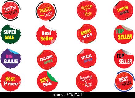 Ensemble vectoriel de lot d'autocollants de badge promotionnel avec le meilleur vendeur, le meilleur vendeur, inscrivez-vous maintenant, icônes d'offre spéciale Illustration de Vecteur