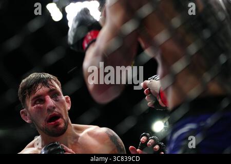 Las Vegas, États-Unis. 2 août 2025, Las Vegas, NV, Las Vegas, NV, États-Unis : les elfes Brener et Esteban Ribovics se rencontrent dans l'octogone pour un combat de 3 tours à l'UFC Apex pour UFC Fight Night - Taira vs Park le 2 août 2025 à Las Vegas, NV, États-Unis. (Photo de Louis Grasse/PxImages) (crédit image : © Louis Grasse/PX Imagens via ZUMA Press Wire) USAGE ÉDITORIAL SEULEMENT ! Non destiné à UN USAGE commercial ! Crédit : ZUMA Press, Inc/Alamy Live News Banque D'Images