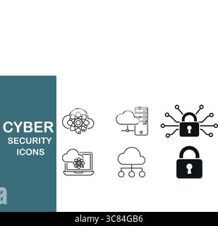 Icônes de cybersécurité modernes représentant les menaces de protection des données, de réseau et de technologie. Illustration de Vecteur