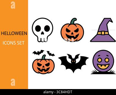 Ensemble d'icônes d'Halloween effrayantes avec citrouilles, crâne, chauves-souris et chapeau de sorcière pour des motifs festifs. Illustration de Vecteur