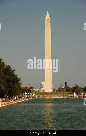 Vue complète du Washington Monument photographié de loin au niveau du sol, mettant en valeur sa hauteur complète contre le ciel dégagé Banque D'Images