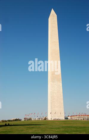 Vue complète du Washington Monument photographié de loin au niveau du sol, mettant en valeur sa hauteur complète contre le ciel dégagé Banque D'Images