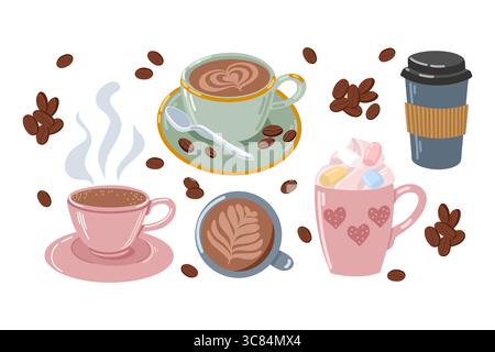 Tasses à café avec ensemble de boissons Illustration de Vecteur