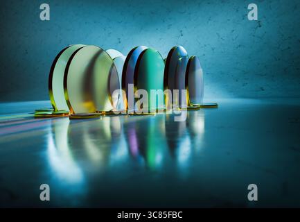Rendu 3D de disques en verre bleu et vert transparents superposés création de motifs abstraits avec effets de lumière et de réflexion Banque D'Images