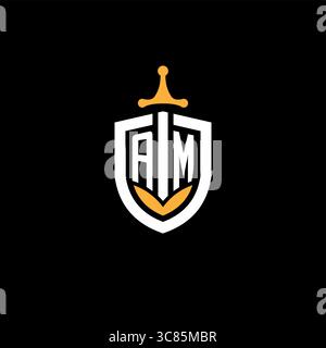 Lettre créative AM logo jeu esport avec graphique vectoriel bouclier Illustration de Vecteur