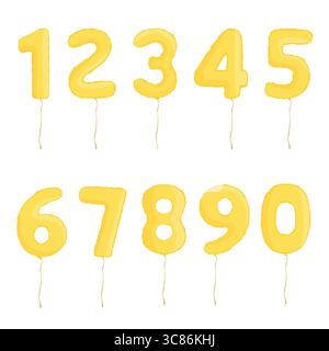 Jeu d'icônes de ballons en feuille gonflable jaune. Figurines décoratives de fête. Numéros dorés brillants isolés sur fond blanc. De 1 à 10 (un à dix). Vect Illustration de Vecteur