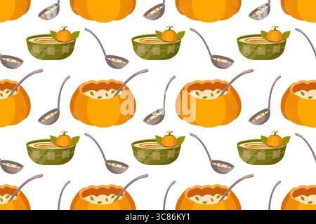 Soupe à la crème de citrouille à motif sans couture. Bol à soupe dessiné à la main, cuillère, citrouille. Illustration de dîner festif adapté à la conception de menu, cartes, invitations, f Illustration de Vecteur