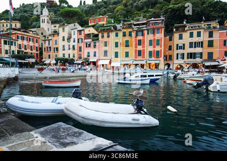 Scène portuaire colorée à Portofino, Italie avec des bateaux, mouette et bâtiments dynamiques parfaits pour les voyages, l'été et les thèmes de style de vie. Banque D'Images