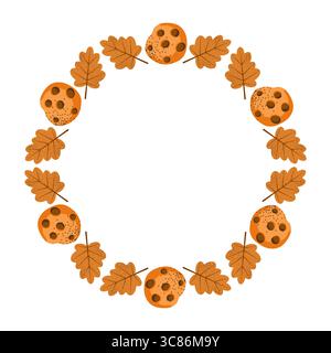 Cadre rond avec biscuits et feuilles d'automne. Illustration de style plat. Convient pour menu, invitations, cartes Illustration de Vecteur
