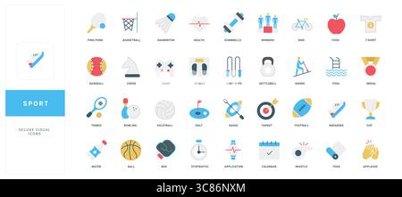 Ensemble d'icônes sportives de style plat moderne propose diverses activités, équipements et éléments de santé avec des titres clairs pour chaque symbole, utile pour les sports, la forme physique et les thèmes de bien-être illustration vectorielle isolée Illustration de Vecteur