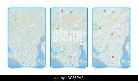 Carte urbaine basique, moyenne ou élevée détaillée, illustration vectorielle de la carte de la ville avec port de plage Illustration de Vecteur