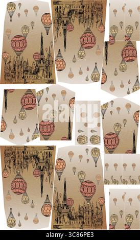 Un motif de papier peint vintage présente des montgolfières et la tour eiffel Banque D'Images