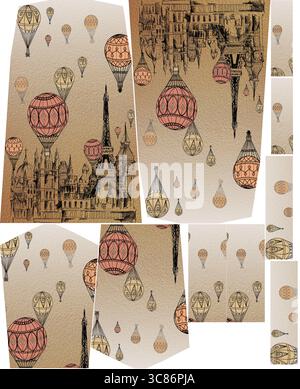 Un motif de papier peint vintage présente des montgolfières et la tour eiffel Banque D'Images