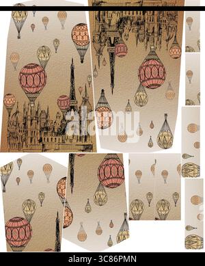 Un motif de papier peint vintage présente des montgolfières et la tour eiffel Banque D'Images