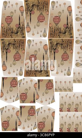 Un motif de papier peint vintage présente des montgolfières et la tour eiffel Banque D'Images
