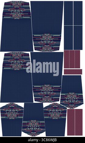 Un motif géométrique dans les tons de bleu, rouge et rose crée un design textile ethnique Banque D'Images