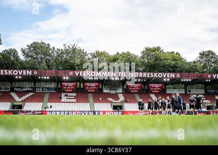 Vejle, Danemark. 01 août 2025. Le Vejle Stadion est prêt pour le match de 3F Superliga entre Vejle BK et Odense BK à Vejle. Banque D'Images