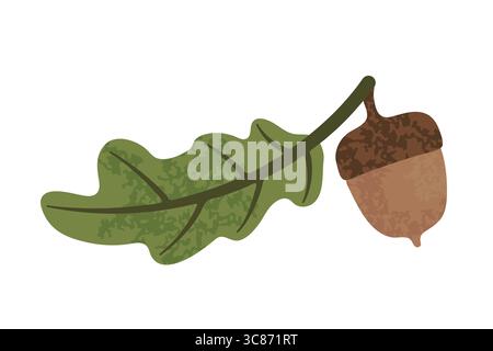 Feuille de chêne vert et gland brun suspendus à une brindille, créant un graphique vectoriel minimaliste sur un fond blanc Uni, capturant l'essence de l'aut Illustration de Vecteur