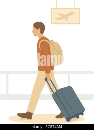 Illustration vectorielle plate d'un voyageur tirant une valise roulante devant une icône de bord de vol de départ. Illustration de Vecteur