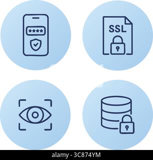 Un quatuor d'icônes circulaires à dégradé bleu montrant un écran de smartphone verrouillé, un document verrouillé SSL, une analyse de la mise au point oculaire et une pile de base de données verrouillée. Illustration de Vecteur