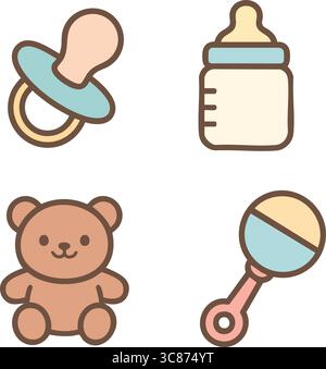 Une illustration vectorielle plate des icônes essentielles de bébé, y compris la sucette, l'ours en peluche, le hochet et le biberon. Illustration de Vecteur