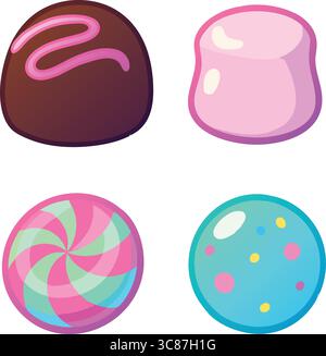 Une illustration vectorielle plate de quatre friandises : une truffe au chocolat, une gelée de guimauve, un tourbillon de menthe poivrée et un bonbon à saupoudrer. Illustration de Vecteur
