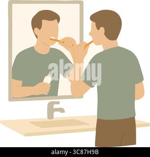 Illustration vectorielle plate d'un homme se brossant les dents tout en regardant dans un miroir de salle de bain. Illustration de Vecteur