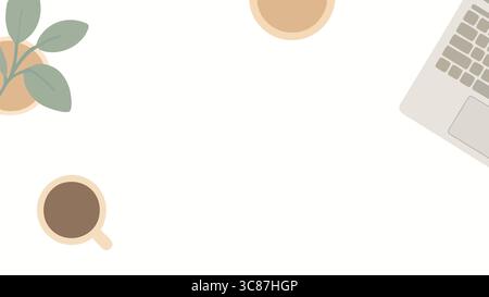 Une vue vectorielle plate minimaliste de haut en bas d'un espace de travail comprenant une tasse à café, un clavier et une plante en pot. Illustration de Vecteur
