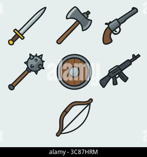 Une illustration vectorielle plate avec une collection d'armes médiévales comprenant épée, masse, fléau, hache de bataille, lance, et bouclier. Illustration de Vecteur