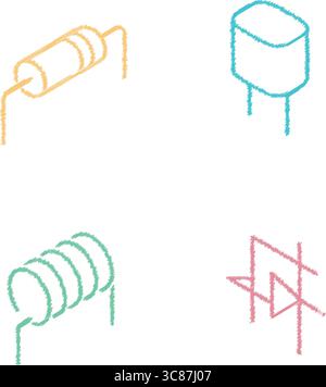 Collection d'art au trait pastel de composants industriels comprenant un axe de charnière, un boulon en U, un ressort hélicoïdal et un symbole de résistance électrique. Illustration de Vecteur