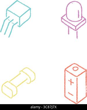 Un ensemble d'art au trait pastel de quatre formes géométriques isométriques : un cylindre, un cube, un prisme rectangulaire et un prisme triangulaire. Illustration de Vecteur