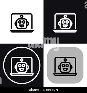 Cet ensemble d'icônes polyvalent représente un robot convivial sur un écran d'ordinateur portable, parfait pour représenter l'IA, les chatbots ou les assistants virtuels. Les différents styles Illustration de Vecteur