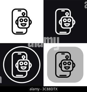 Cet ensemble d'icônes polyvalent représente un robot IA convivial sur un écran de smartphone, parfait pour les applications mobiles et les sites Web liés à l'intelligence artificielle. T Illustration de Vecteur