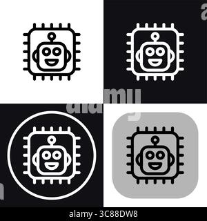 Cette icône polyvalente représente un robot souriant intégré à une puce électronique, symbolisant l’intelligence artificielle et l’avancement technologique. Idéal pour Illustration de Vecteur
