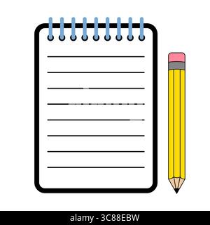 Bloc-notes en spirale avec illustration vectorielle au crayon. Un bloc-notes en spirale haut accompagné d'un crayon jaune classique. Illustration de Vecteur