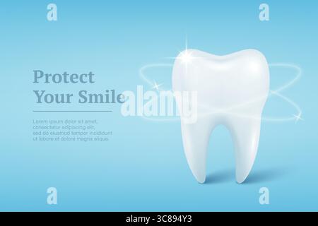 Vector 3d Realistic Tooth sur fond bleu. Dent blanche saine avec effet de lumière incandescente pour clinique dentaire. Bannière avec dent pour la dentisterie, dent Illustration de Vecteur