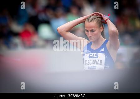 Dresde, Deutschland. 03 août 2025. Corinna Schwab (lac Erdgas Chemnitz) ; Deutsche Leichtathletik-Meisterschaften AM 03.08.2025 im Heinz-Steyer-Stadion, Dresde (Saxe). Crédit : dpa/Alamy Live News Banque D'Images