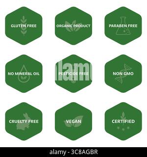 Étiquettes hexagonales vertes avec icônes et texte pour diverses certifications de produits. Illustration vectorielle Illustration de Vecteur