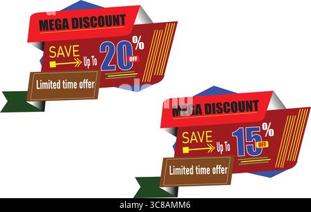 Offre de vente spéciale Mega discount 20% de rabais bannière de badge ruban avec couleur vibrante et design promotionnel Illustration de Vecteur