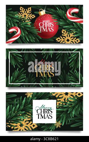 Joyeux Noël carte de voeux clipart bannière ensemble. Collection clip art modèle de voeux de Noël avec boule de Noël, canne de bonbons, flocons de neige pailletés Illustration de Vecteur