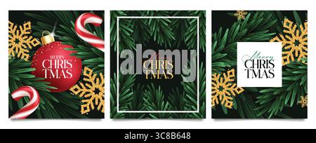 Joyeux Noël carte de voeux clipart ensemble affiche. Collection clip art modèle de voeux de Noël avec boule de Noël, canne de bonbons, flocons de neige pailletés Illustration de Vecteur