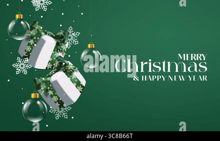 Joyeux Noël vert carte de voeux clipart bannière. Modèle de voeux de Noël et de bonne année avec boîtes-cadeaux suspendues, boule en verre et flocon de neige Illustration de Vecteur