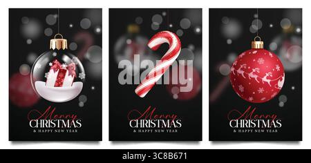Joyeux Noël carte de voeux clipart ensemble affiche. Boule en verre de Noël, boule de Noël rouge et éléments de décoration suspendus de canne de bonbons en modèle noir Illustration de Vecteur