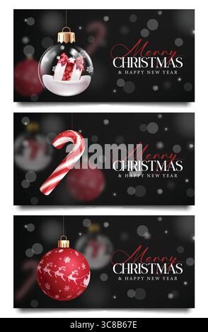 Joyeux Noël carte de voeux clipart bannière ensemble. Boule en verre de Noël, boule de Noël rouge et éléments de décoration suspendus de canne de bonbons en modèle noir Illustration de Vecteur