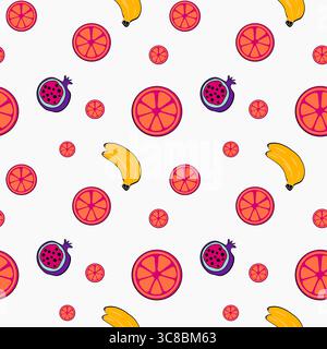 Motif de fruits coloré sur un fond blanc avec des bananes et des tranches d'agrumes Illustration de Vecteur