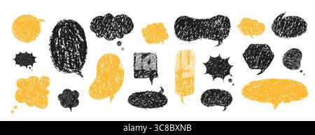 Crayons de ballons. Boîtes de texte pour enfants avec griffonnages au crayon et gribouillage à la craie. Boîtes de dialogue de dessin animé noir et jaune Illustration de Vecteur
